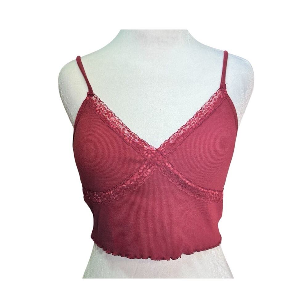 Y2K Womens Burgundy Ribbed Babydoll Crop Cami Tank Top Lace Fairy Grunge Medium - Picture 4 of 6